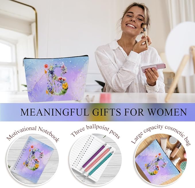 Personalized Gifts for Women Monogrammed Birthday Gifts for Women, Wife Girlfriend Christmas, Initial 20 oz Tumbler, Makeup Cosmetic Bag Cup Pens Journal Notebook 6 Set, (Aesthetic Purple Flower S)