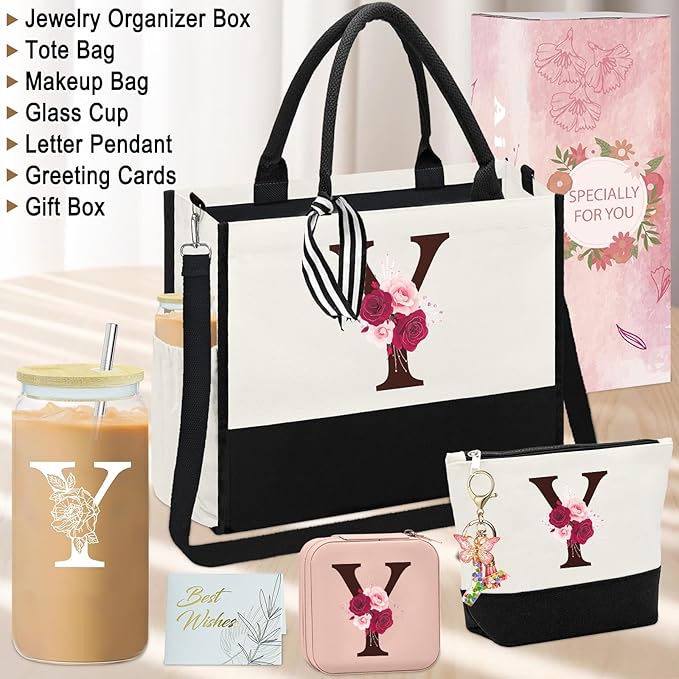 Birthday Gifts for Women,Initial Canvas Tote Bag,Monogrammed Gift for Women,16oz Initial Glass Cup,Makeup Bag with Zipper,Jewelry Organizer Box,Personalized Gifts for Mom-Y