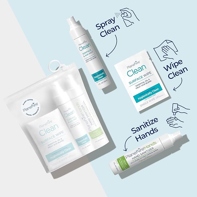Travel Essentials | Hygiene Kit | Travel Toiletry Kit | Travel Size | Spray Hand Sanitizer Herbal Scent | Surface Wipes | Individual Travel Wipe | Surface Cleaner & Air Mist | With Essential Oils