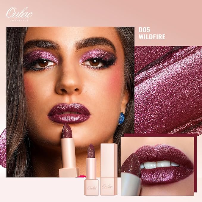 Oulac Shimmer Purple Lipstick for Women, Infinity High Shine Finish, Hydrating Lip Color Infused with Damask Rose Oil for All-Day Comfort, Gluten-Free Vegan Beauty, D05 Wildfire