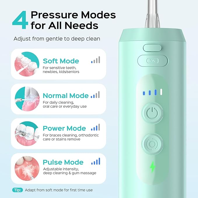 COSLUS Mini Water Flosser for Travel: Portable Lightweight Design Cordless Oral Irrigator with Removable Tank & 4 Modes, IPX7 Waterproof for Braces, Sensitive Teeth Travelers & Family Use, Green, T40