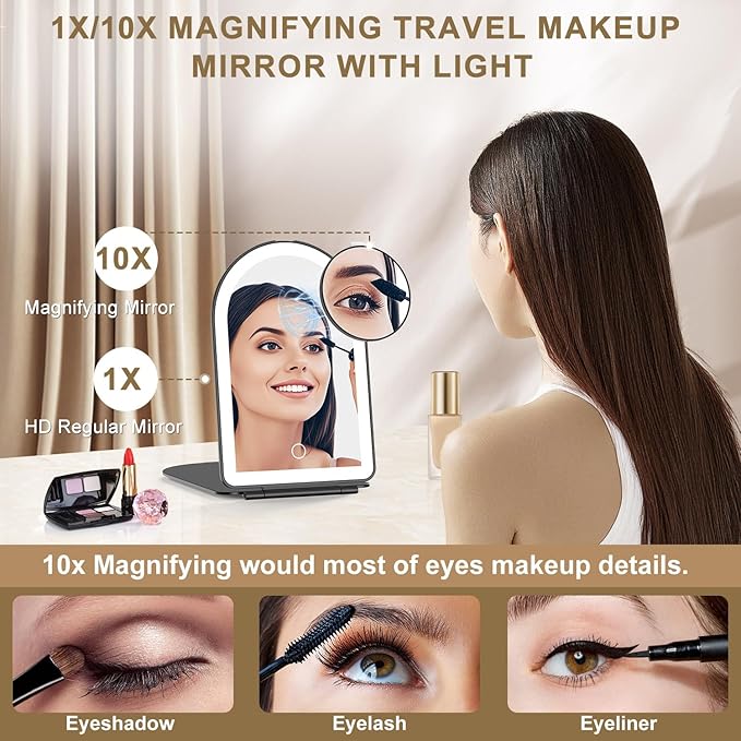 Mocado Travel Makeup Mirror with Light, 1x/10x Magnifying Mirror with Light, 3 Colors Lighted Magnifying Mirror, 2000mAh Rechargeable Lighted Makeup Mirror, Memory Function (Arched-Black)