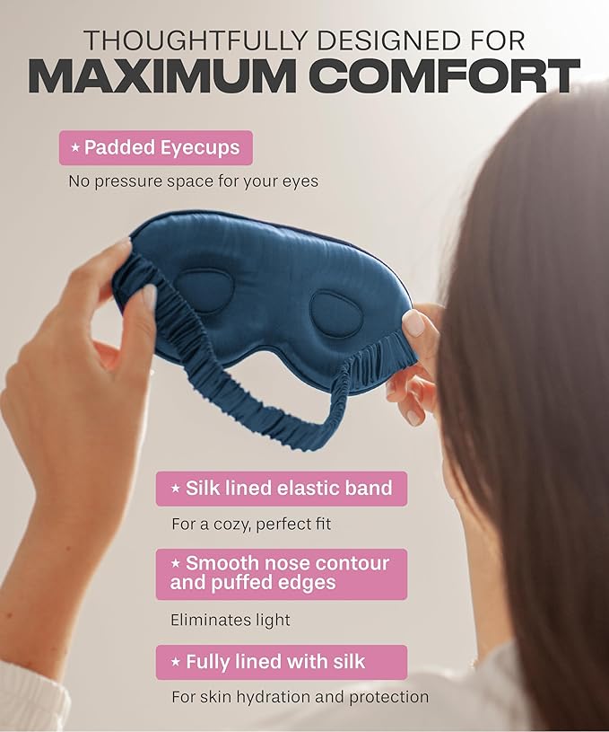 SUNDAYSILKS™ 3D Contoured Silk Sleep Mask | Padded Silk Eye Mask with Eye Cups for Lash Extensions | Blackout, Organic for Women & Men, Perfect for Travel, Slip-Free Deep Sleeping, Antifaz para Dormir