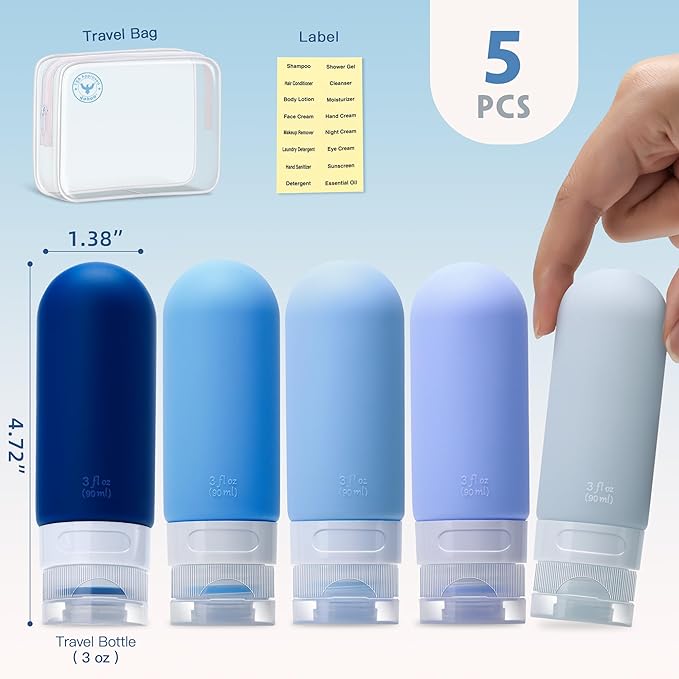 3oz Travel Bottles for Toiletries,Silicone Leak Proof Squeezable Travel Containers,TSA Approved Travel Essentials Bag for Shampoo Conditioner,5 Pack,Navy Pack