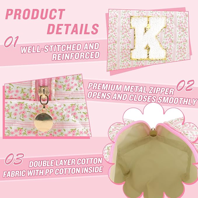 Personalized Quilted Cosmetic Bag, Puffy Monogrammed Christmas Birthday Gifts for Women & Girls, Cute initial Floral Makeup Bag Puffer Coquette Bag, Aesthetic Travel Toiletry Zipper Pouch(Pink,K)