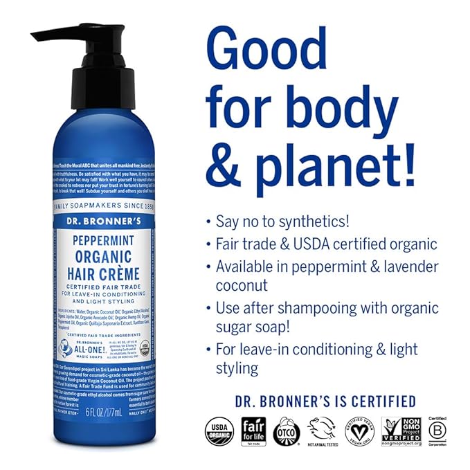 Dr. Bronner's - Organic Hair Crème (Peppermint, 6 Ounce, 2-Pack) - Leave-In Conditioner and Styling Cream, Made with Organic Oils, Hair Cream Supports Shine and Strength, Nourishes Scalp, Non-GMO