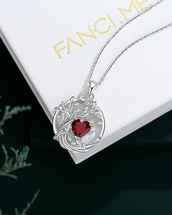 FANCIME Tree of life Birthstone necklace Sterling Silver Pendant Birthstone Necklace Gemstone Anniversary Birthday Jewelry Christmas Gifts for Mom Her Wife