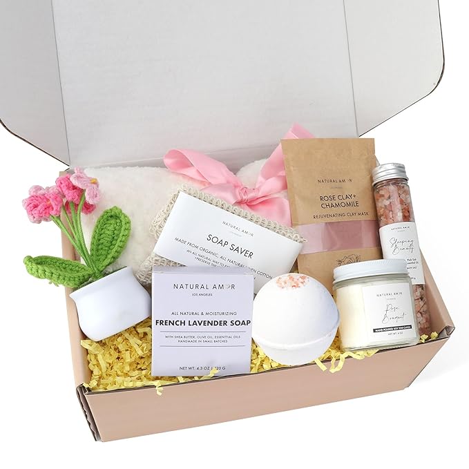 Natural Amor 8-Piece Spa Gift Set with Blanket – Self-Care Box with Rose Clay Mask, Bath Bomb, Goat Milk Soap, Candle– Relaxation Gift for Women – Pink Ribbon Blanket
