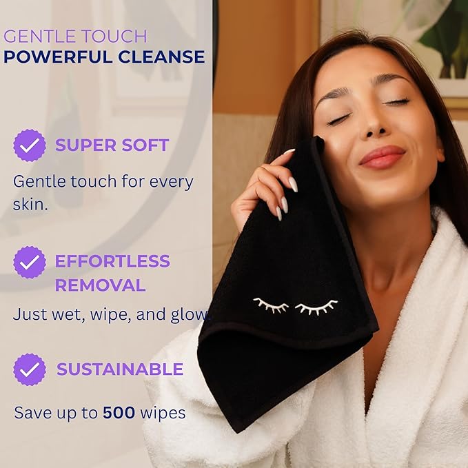 Black Makeup Washcloths for Face, 5-Pack Face Towels Reusable, 11.5 x 11.5, Gift-Ready Box, Viscose from Bamboo & Turkish Cotton