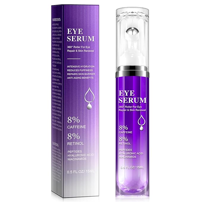 Under Eye Roller Serum - 8% Caffeine & 8% Retinol Eye Cream for Dark Circles, Puffiness and Bags, Puffy Bags Fine Lines Wrinkles, 360° Massage Ball Cream, Hyaluronic Acid Serum for Men & Women