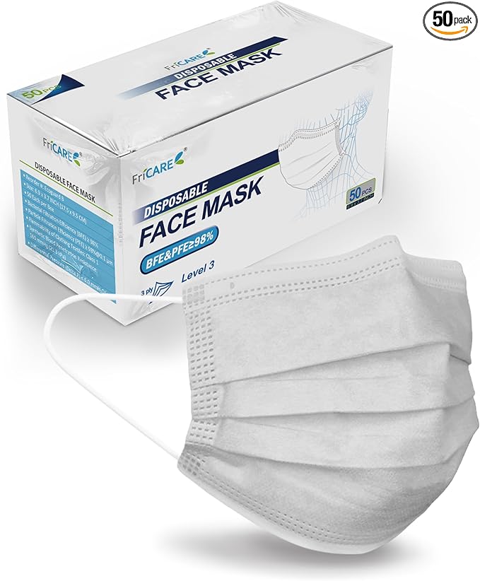 FriCARE Disposable Face Masks, 3-Ply ASTM Level 3 Medical Grade, FSA/HSA Eligible, Breathable & Comfortable for Allergy/Sun Protection, 50 Pack Gray