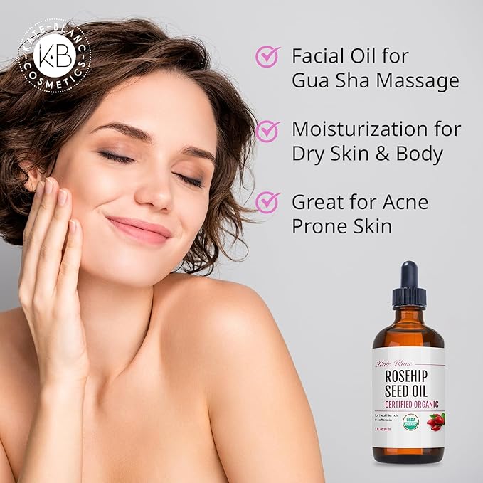 Kate Blanc Cosmetics Rosehip Oil for Face & Softer Glowing Skin (1oz, Organic, Pure, Cold Pressed) Rosehip Seed Face Oil for Facial & Gua Sha Massage