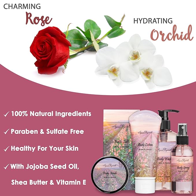 Spa Baskets For Women - Luxury Bath Set With Rose Oil & Orchid - Spa Kit Includes Wash, Bubble Bath, Lotion, Bath Salts, Body Scrub, Bath Spray, Shower Puff, Bathbombs, Soap and Towel