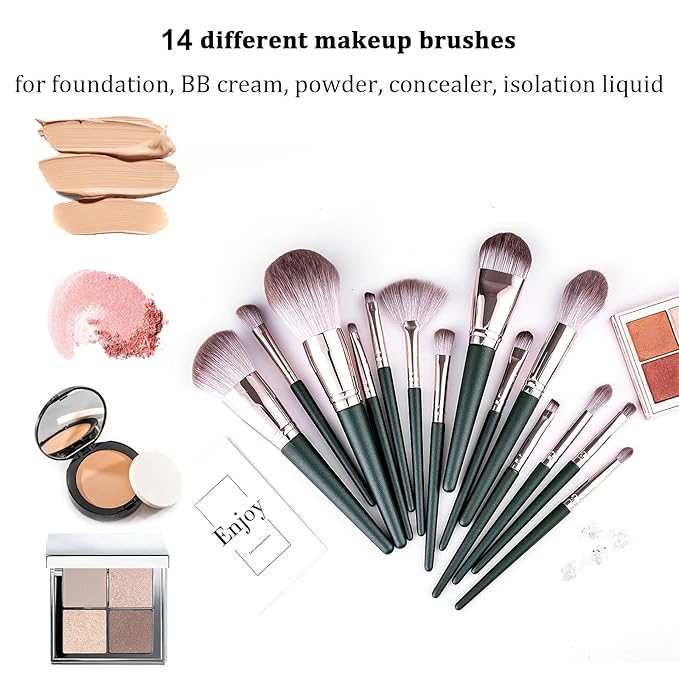 Makeup Brushes With Bag 14PCs Professional Makeup Brush Set，Premium Synthetic Foundation Concealer Powder Blush Eyeshadow Eyebrow Blending Travel Make Up Brushes (Green)