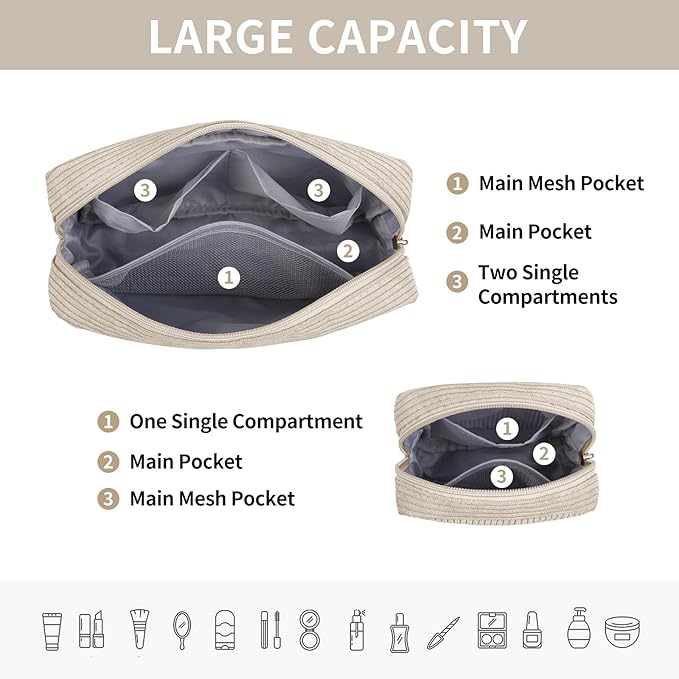 MAGEFY Small Makeup Bag for Purse Mini Cosmetics Bag Corduroy Cute Cosmetic Pouch for Women with Slip-in Pockets