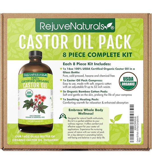 Castor Oil Pack - 8 Piece Complete Kit. Includes 16oz Glass Bottle of Organic Castor Oil, Easy to use Organic Cotton Compress with Adjustable Fit, 5 Soft Cotton Pads & Soothing Heat Pack..