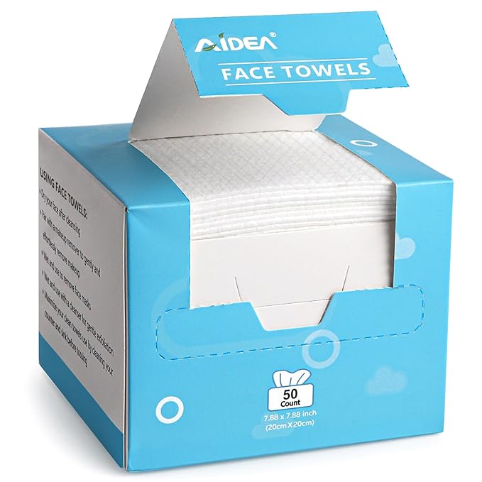 AIDEA Face Towels Disposable-50Ct, Facial Cleansing Wipes for Sensitive Skin, Facial Towelettes for Makeup Removing, Nursing, Travel, Dry Wipes Face Cloths