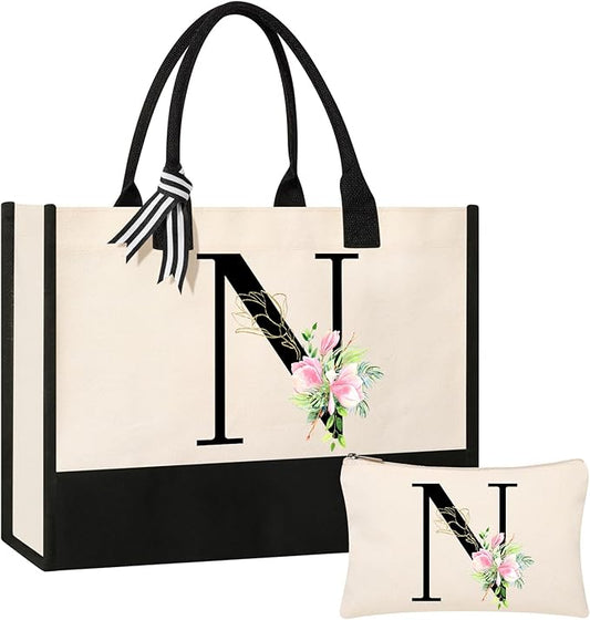 AYGE Personalized Initial Canvas Beach Tote, Monogrammed Gifts for Women, Makeup Bag, Birthday Gifts for Sister, Mom, Teacher, Bridesmaid