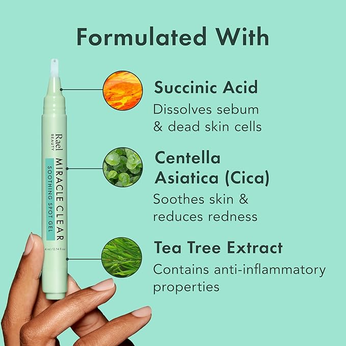 Rael Acne Spot Treatment, Miracle Clear Soothing Spot Gel Pen - Acne Gel, Pimple and Blemish Treatment, Korean Skincare, for Early Stage, Succinic Acid, Tea Tree, Cica, Vegan, Cruelty Free (0.14 oz)
