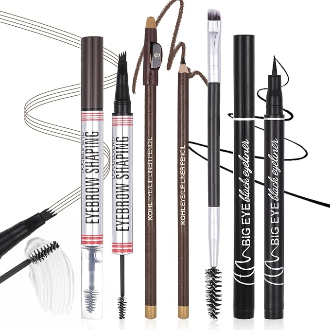 DAGEDA 4Pcs Dark Brown Eyebrow Pen Set, Easy to Color Brow Pencil and Black Eyeliner with Makeup Brush,Filling And Outlining Eyebrow Makeup Pencils for Women