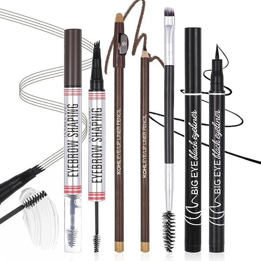 DAGEDA 4Pcs Dark Brown Eyebrow Pen Set, Easy to Color Brow Pencil and Black Eyeliner with Makeup Brush,Filling And Outlining Eyebrow Makeup Pencils for Women