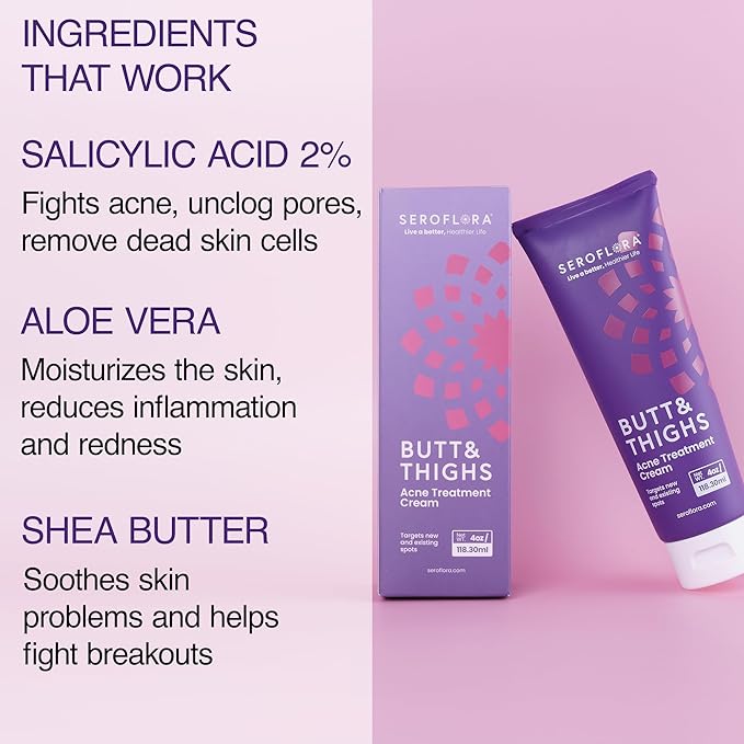 Butt Acne Clearing Treatment Cream - Reduce Bum Acne, Pimples & Zits - Clearing Acne Lotion for Buttocks - 2% Salicylic Acid for Acne Prone Skin (4oz) Made in USA.