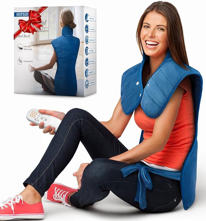 Heating Pad for Neck and Shoulders and Back, Birthday Gifts for Women Men Mom Dad Wife, Weighted Heating Pad for Back Pain Relief, Electric Heat Pad 6 Heat Settings 4 Timers Auto-Off, 22" x 37" Blue