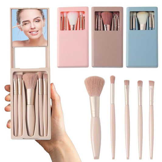 Makeup Brushes Set Beauty Mirro Rconcealer Brush Travel Essentials for Women Ntegrated with Folding Mirror And Storage Box (Blue)