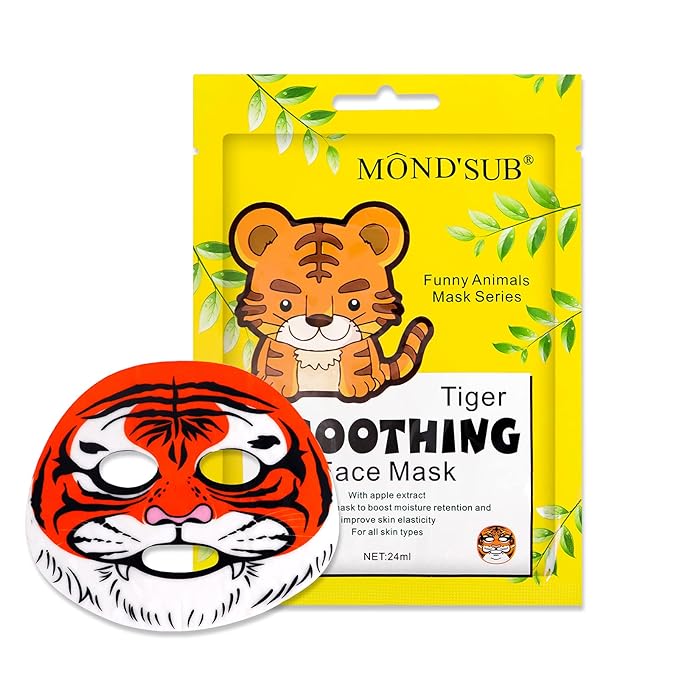 Animal Spa Beauty Mask, Character Masks Sheet-(Pack of 5) Tiger Smoothing Firming Nourishing Moisturizing Effects For All Skin Types- Birthday Party Gift for her, Girls Night, Spa Night, Beauty Gift