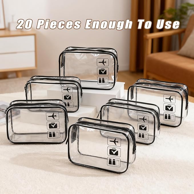 TSA Approved Clear Travel Toiletry Bag, Makeup Cosmetic Bag for Women Men 20 Packs (Black)