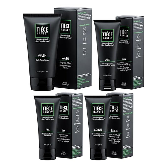 Tiege Hanley 90-Day Large Essential Skin Care Routine for Men (Level 1) - Smooth, hydrate, and protect your skin - Men's Skincare Set Includes Face Wash, Facial Scrub, & AM / PM Moisturizer's