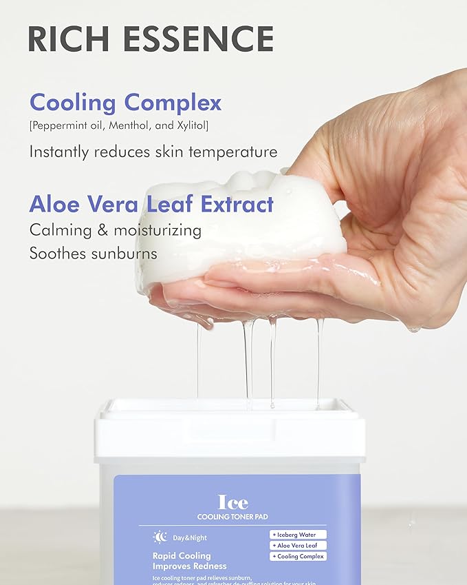 DERMAL Ice Cooling Toner Pad - Korean Soothing & Hydrating Toner Pads with Aloe Vera - After Suncare, Sunburn Relief, Redness Relief - Vegan Square Pads - High Capacity, 120 Pads