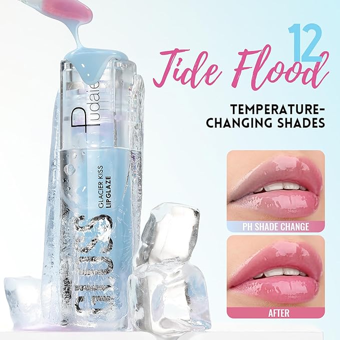 Pudaier Glossy Lip Stain, Color Change Effect, Moisturizing Lip Care Tinted Lip Oil, Excellent Recovery, Hydrating Plumping Lip Gloss Balm, Non-Sticky LipGloss Oil for Dry Lip (12 Tide Flood)