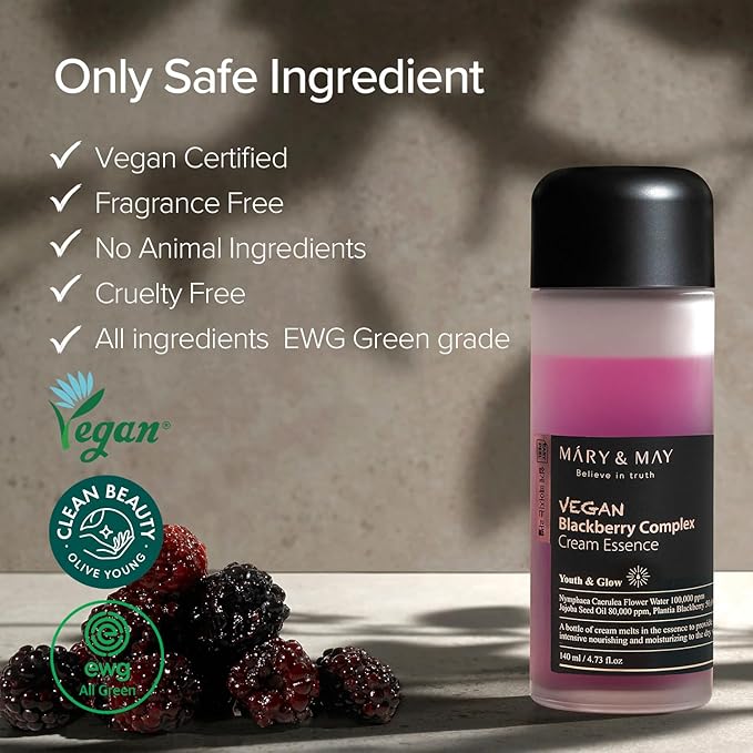 Mary&May Vegan Blackberry Complex Cream Essence Duo- Intense Hydrating & Soothing Face Essence - Fragrance-Free, Hypoallergenic, Deep Moisture, Boost Elasticity, Korean Skincare, 9.46 fl.oz.