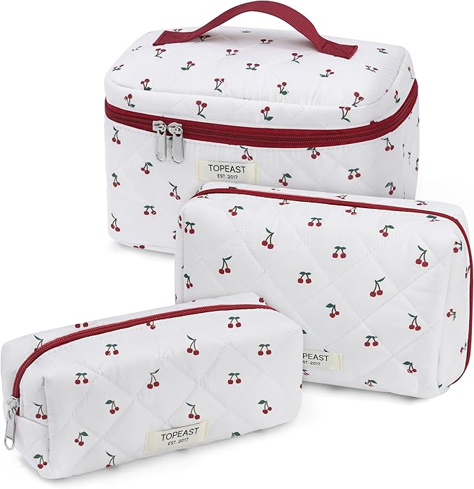 TOPEAST Travel Makeup Bag for Women Girl, 3Pcs Large Cotton Quilted Make up Brush Bags, Portable Cute Cosmetic Bag Sets with Zipper, Machine Washable Toiletry Pouch, Cherry