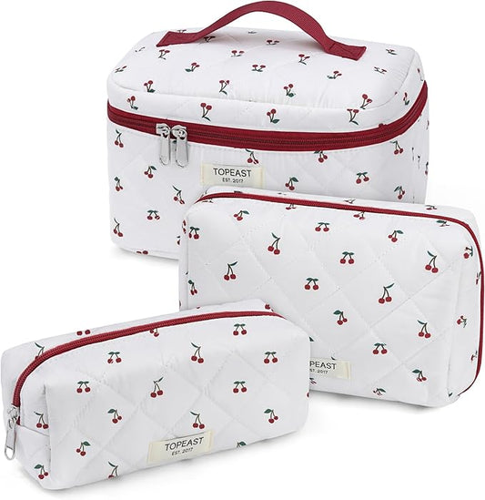 TOPEAST Travel Makeup Bag for Women Girl, 3Pcs Large Cotton Quilted Make up Brush Bags, Portable Cute Cosmetic Bag Sets with Zipper, Machine Washable Toiletry Pouch, Cherry