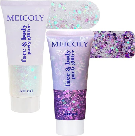 MEICOLY Purple and Clear White Face Body Glitter Set,Mermaid Face Glitter Gel,Singer Concerts Festival Rave Accessories,Sparkling Sequins Glitter Face Paint for Women and Kids,Chunky Glitter Makeup