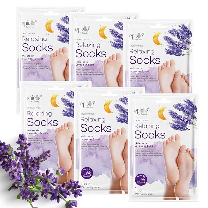 Epielle Relaxing Foot Masks 6 Pairs, Deep Moisturizing Socks for Dry Feet & Cracked Heels, Relieve and Soften with Melatonin & Lavender Extract, Korean Skin Care, Foot Spa, Self Care Gifts for Women