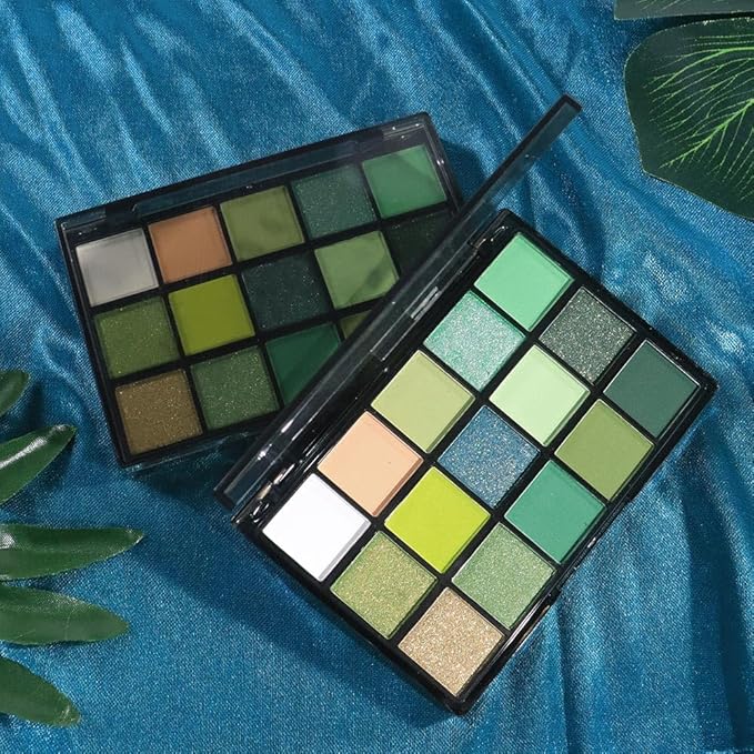 15 Colors Green Matte & Shimmer Eyeshadow Palette - Olive Teal GreenYellow DarkSeaGreen LimeGreen Pink White Eye Shadow Primers Powder for Smoky Looks, Makeup Artist Friendly, Vegan & Cruelty-Free