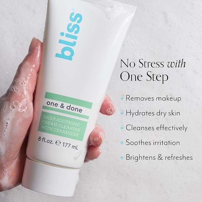 Bliss One & Done Daily Cream Facial Cleanser With Ceramides - Moisturizing Face Wash For Dry Skin - Cleanses & Removes Makeup in 1 Step- Clean, Vegan, Cruelty-Free, 6 Fl Oz