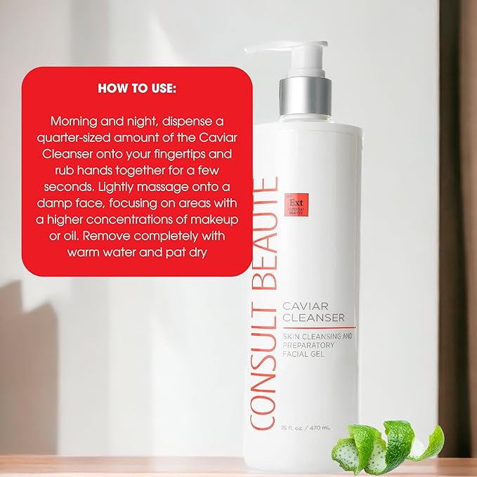 Consult Beaute - Caviar Facial Cleanser - Gentle Face Wash and Makeup Remover - Gel to Foam - Skin Hydrating Lime Pearl Caviar - Aloe - Bergamot Fruit Oil - Dry, Normal and Oily Skin 16 Fl Oz