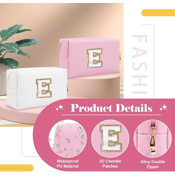 Personalized Initial A-Z Preppy Patch Makeup Bag,Small PU Chenille Letter Cosmetic Bag with Zipper for Teen Girls,Pink Cute Toiletry Organizer Bag,Monogram Makeup Case Gift for Women Girls,Letter E