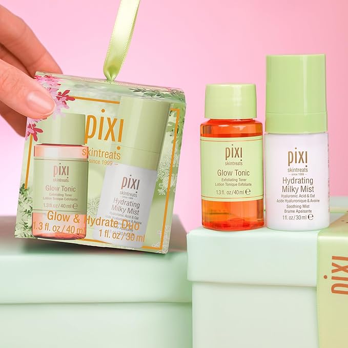 Pixi Beauty Glow Tonic + Hydrating Milky Mist Duo Ornament | Gift Set Contains Petite Sizes of Glow Tonic and Hydration Milky Mist in Holiday Ornament Box