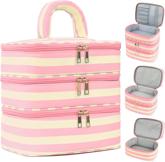 Three Layer Makeup Bag for Women Fashion Stripes Cosmetic Bag Preppy Style Travel Water-Resistant Toiletry Bag for Storage Toiletries Cosmetics Sets for Women Teen Girls Pink