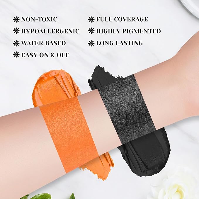 Black Orange Face Body Paint Stick Set with Translucent Setting Powder and Sponges, Professional Full Coverage Face Painting for Adults Halloween Cosplay SFX Tiger Pumpkin Clown Makeup