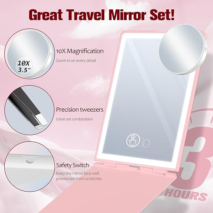 Travel Makeup Mirror with Lights, Rechargeable Portable Folding Compact Mirror Set with Tweezer, Lighted Makeup Mirror with 72 LED 3 Color Light Modes, Dimmable Touch Screen LED Mirrors-Pink