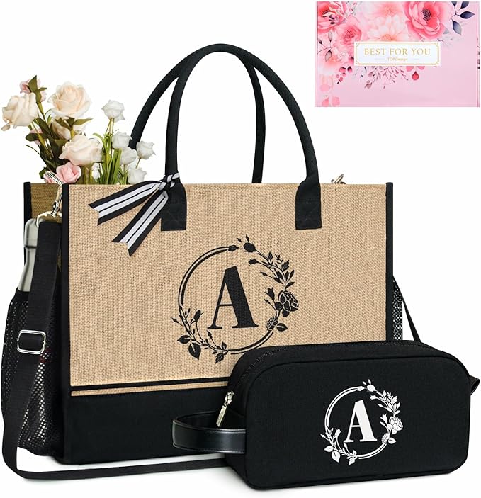 TOPDesign Personalized Initial Canvas Tote Bag, for Wedding, Birthday, Beach, Perfect Gifts for Women, Mom, Teachers, Friends