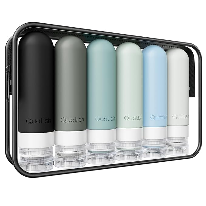 Quatish Travel Bottles for Toiletries 6 Pack, Original Patented Leakproof 3 oz Tsa Approved Travel Size Containers, BPA Free Silicone Shampoo and Conditioner Bottles, Camping Essentials, Black