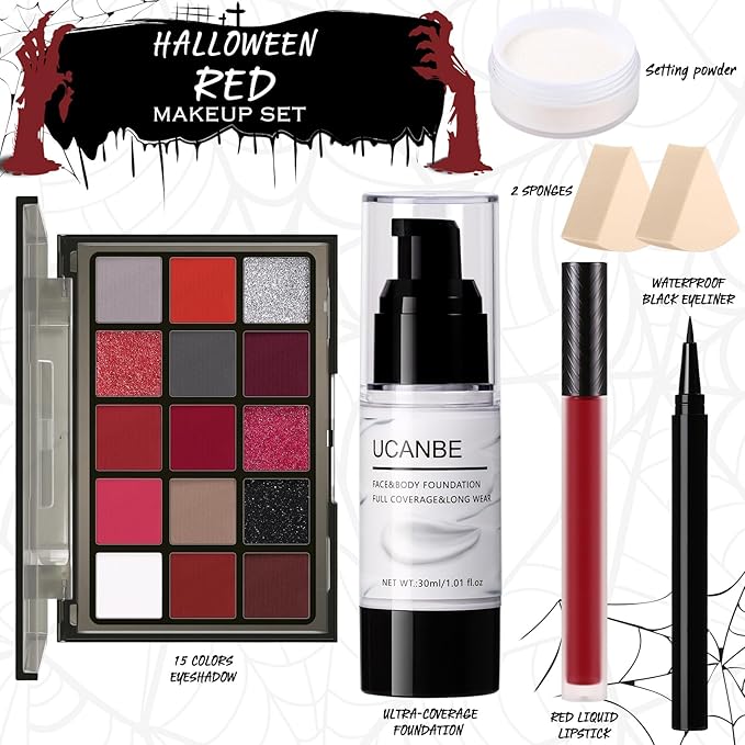 UCANBE Red Halloween Makeup Kit – Clown Vampire Joker Demon Makeup Set for SFX Costume Cosplay with Eyeshadow Palette, White Foundation, Red Liquid, Black Eyeliner, Setting Powder & Sponges