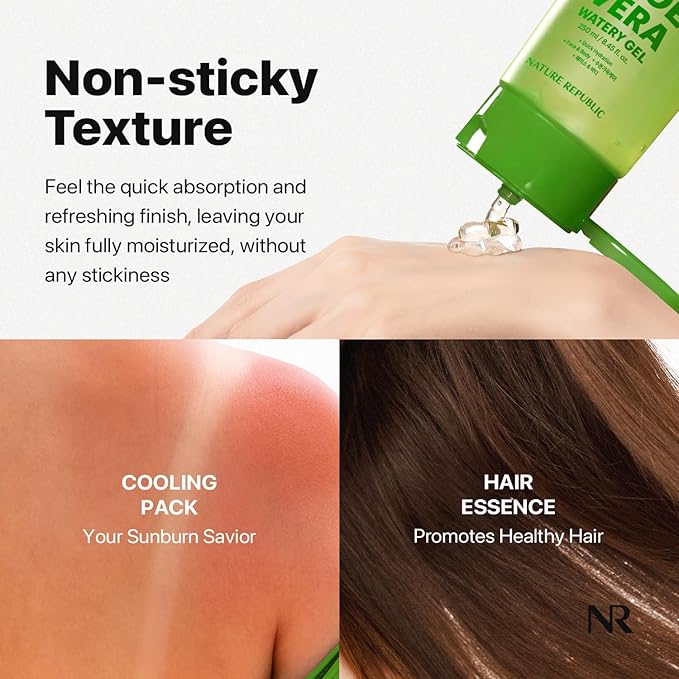 Nature Republic MILD & MOISTURE ALOE VERA WATERY GEL (TUBE) Quick Hydration & fast absorbing non-sticky texture, aftersun cooling pack, Moisturizing Face Skin & Hair,korean skin care All Skin Types